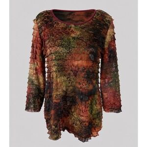 Elementz Womens Small Ruffle Tiered Mesh Top 3/4 Sleeve Earth Tone Mixed Print